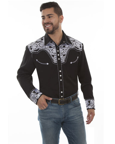 Mens Floral Embroidered Western Shirt - Black & White