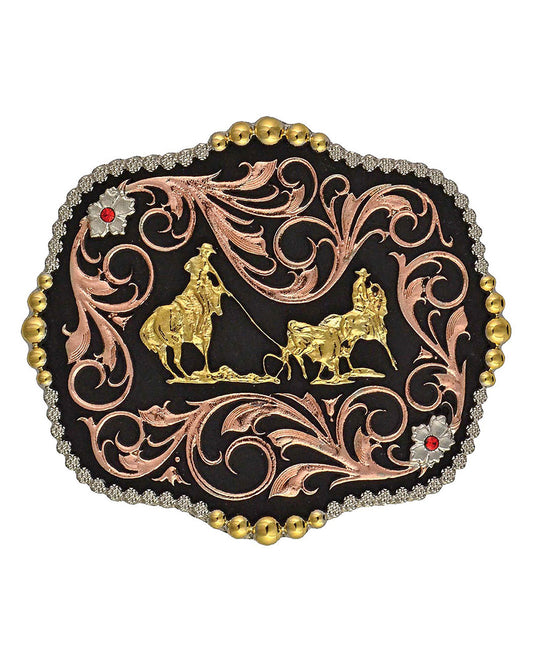 Attitude Tri-Tone Team Ropers Traditional Belt Buckle by Montana Silversmiths from Skip’s Western Outfitters | MON-A392T-O/S-Tri-Tone