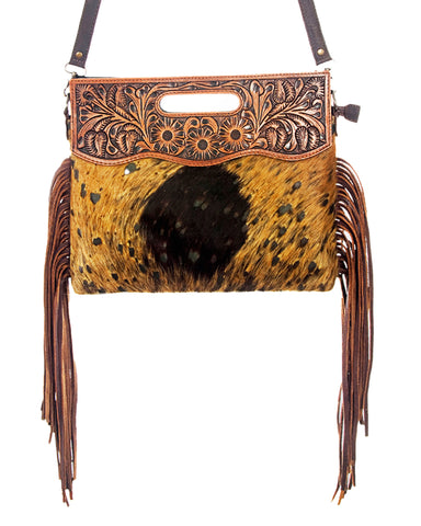 Women's Cowhide Tooled Top with Crossbody Strap Bag
