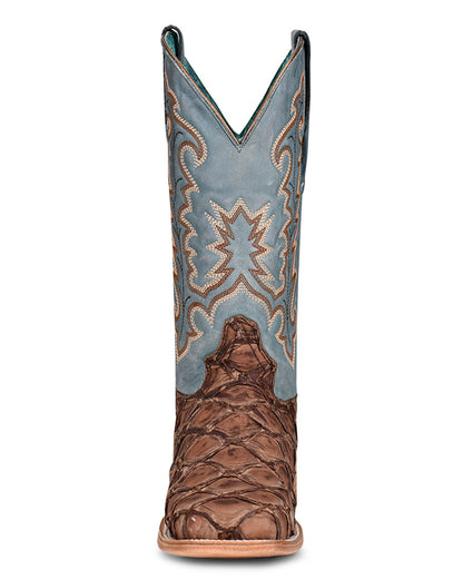 Corral A4205 Women's Handcrafted Wide Square Toe Exotic Pirarucu Fish Skin Cowgirl Boots in Blue Brown at Skip's Boots