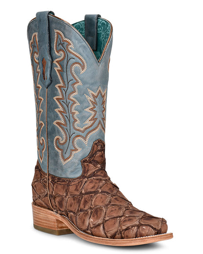 Corral A4205 Women's Handcrafted Wide Square Toe Exotic Pirarucu Fish Skin Cowgirl Boots in Blue Brown at Skip's Boots