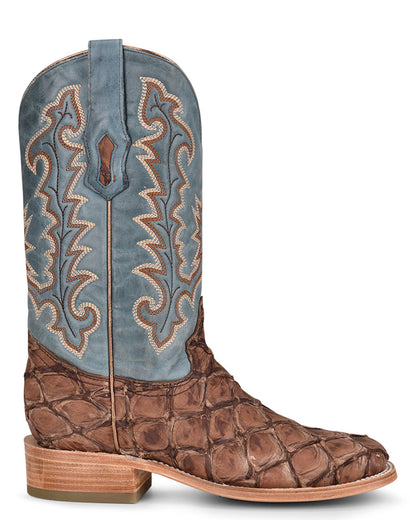 Corral A4205 Women's Handcrafted Wide Square Toe Exotic Pirarucu Fish Skin Cowgirl Boots in Blue Brown at Skip's Boots