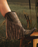 Women's Chocolate Fringe & Studs Western Boots