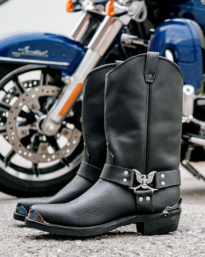 Dingo Men's Chopper Eagle Harness Pull-On Boots in Oily Black with Square Toe at Skip's Western Outfitters | DI19053-OILY-BLACK