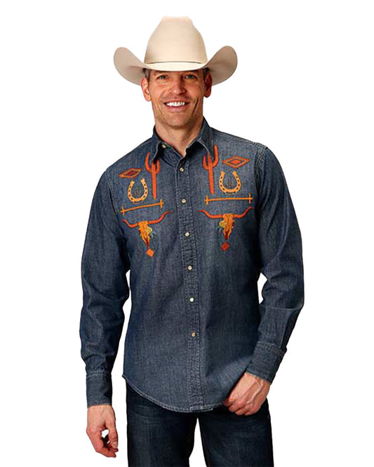 Men's Old West Embroidered Long Sleeve Shirt by Roper from Skip’s Western Outfitters | KAR-03-001-0040-0767-BU-S-REG