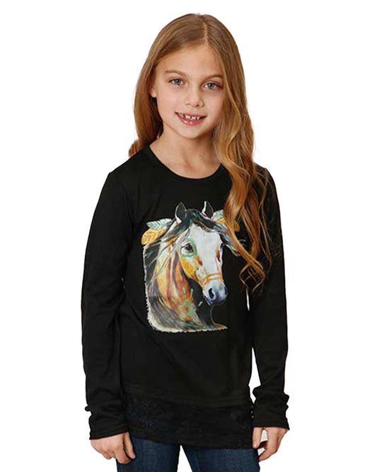 Girls' Jersey Knit Long Sleeve Tee by Roper from Skip’s Western Outfitters | KAR-03-009-0513-6119-BL-S-REG