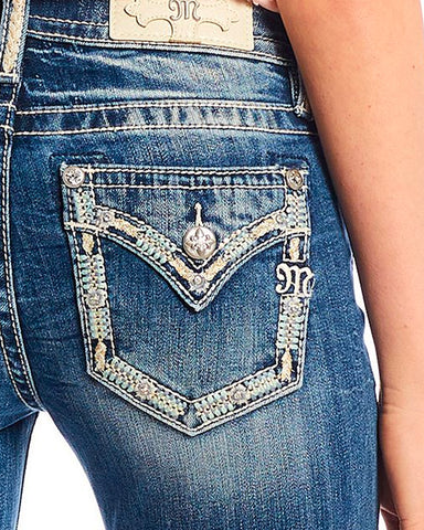 Women's Destructed Embellished Stitch Floral Bootcut Jeans