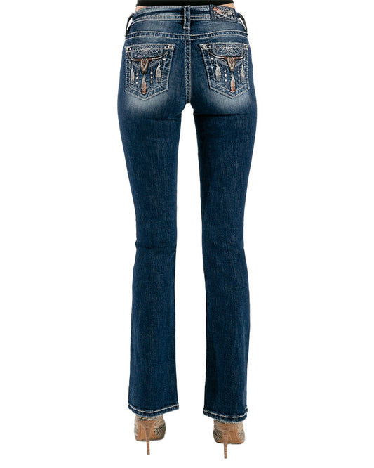 Women's Long Horn Dream Catcher Bootcut Jeans by Miss Me from Skip’s Western Outfitters | MMJ-M3829B-25-34