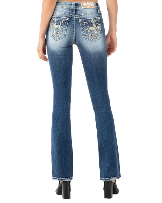 Women's Rope Embroidered Mid-Rise Bootcut Jeans by Miss Me from Skip’s Western Outfitters | MMJ-M3854B-25-34