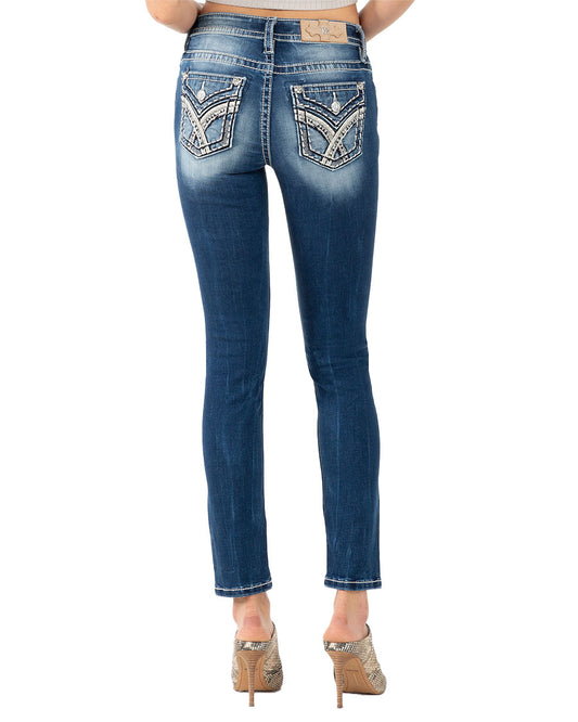 Women's Criss Cross Mid-Rise Skinny Jeans by Miss Me from Skip’s Western Outfitters | MMJ-M3444S57-25-30