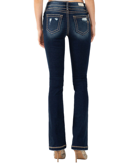 Women's Pocket Distressed Mid-Rise Bootcut Jeans by Miss Me from Skip’s Western Outfitters | MMJ-M3636B38-25-34