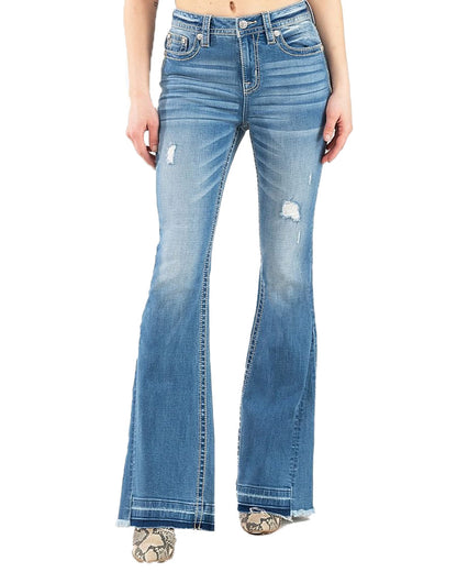 Women's Not So Fray High Rise Flare Jeans by Miss Me from Skip’s Western Outfitters | MMJ-H3636F56-25-34