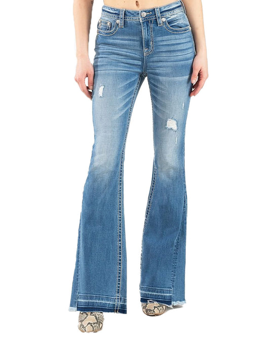 Women's Not So Fray High Rise Flare Jeans by Miss Me from Skip’s Western Outfitters | MMJ-H3636F56-25-34