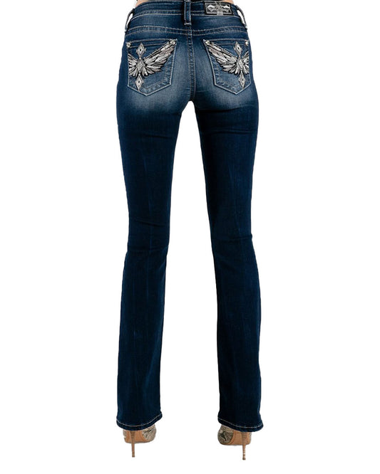 Women's Geometric Winged Cross Bootcut Jeans by Miss Me from Skip’s Western Outfitters | MMJ-M3811B-25-34