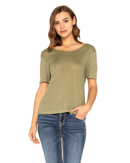 Women's Open To It Short Sleeve Jersey Top by Miss Me from Skip’s Western Outfitters | MMJ-MT0137S-S-Green