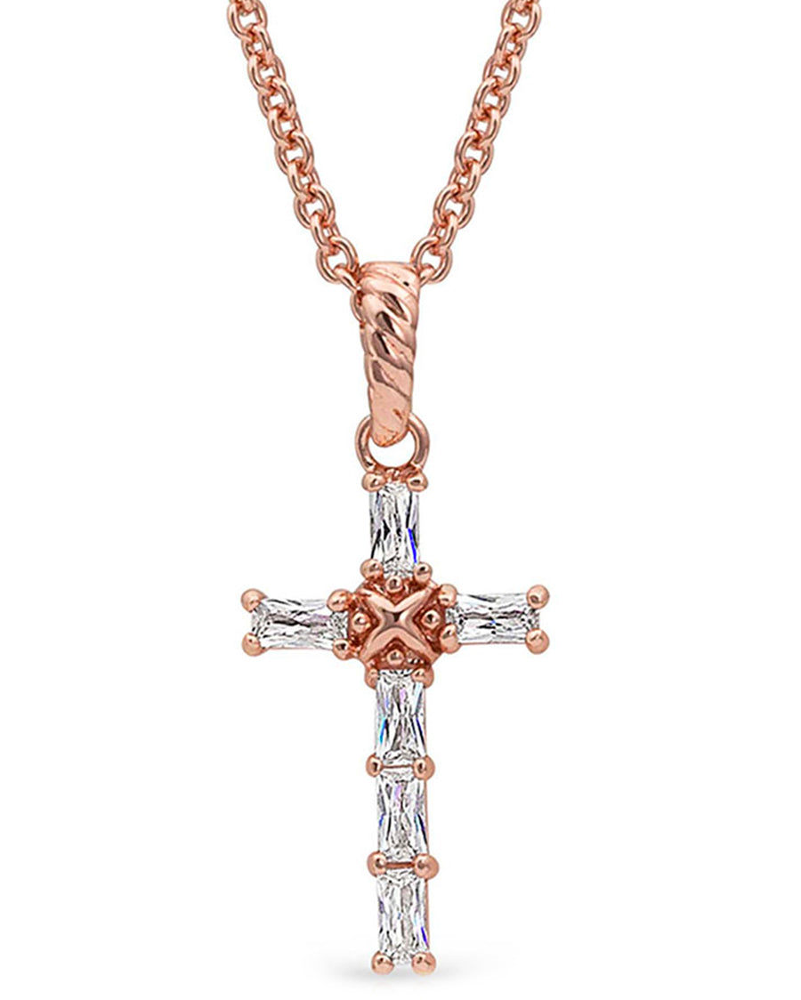 Women's Rose Gold Brilliant Cross Necklace by Montana Silversmiths from Skip’s Western Outfitters | MON-NC3239RG-O/S-Rose-Gold