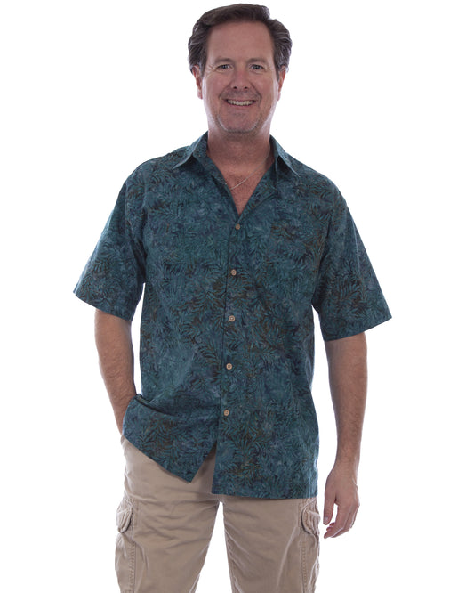 Men's Teal Leaf Western Shirt by Scully from Skip’s Western Outfitters | SCU-5267-DSE-MTALL-DEEPSEA