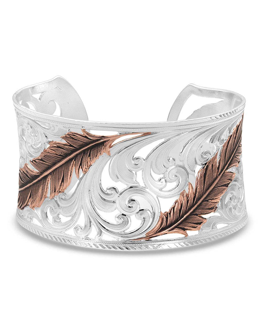 Women's Heavenly Whisper Feather Cuff Bracelet by Montana Silversmiths from Skip’s Western Outfitters | MON-BC4341RG-One-Size-Silver
