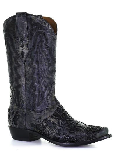 Corral A4116 Men's Handcrafted Snip Toe Exotic Alligator Skin Cowboy Boots in Black at Skip's Western Outfitters