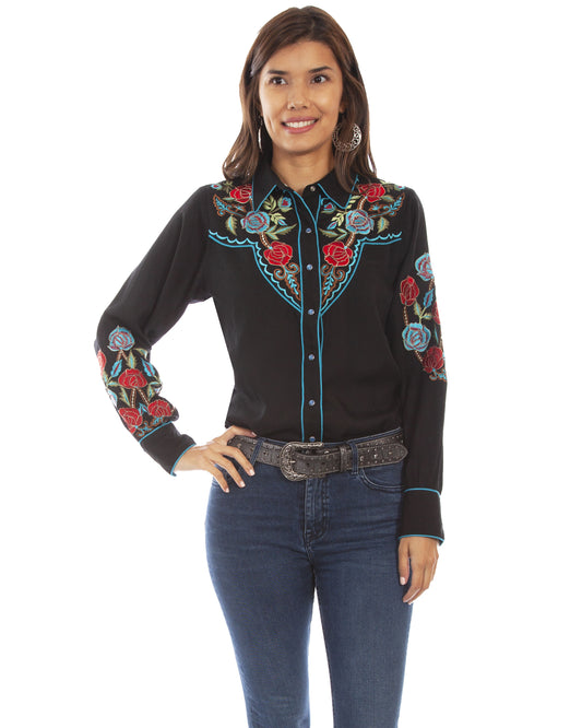 Women's Floral Tooled Western Shirt by Scully from Skip’s Western Outfitters | SCU-HC698-BLK-XS-BLACK