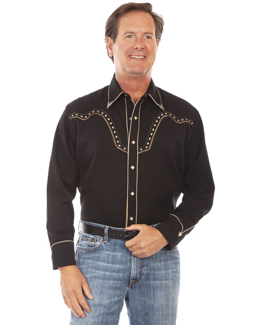 Men's Embroidered Diamond Western Shirt by Scully from Skip’s Western Outfitters | SCU-P-898-BLK-S-BLACK