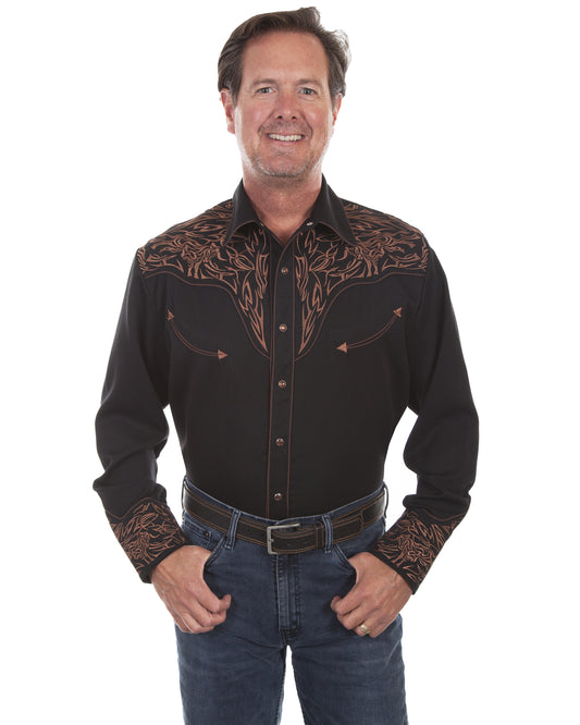 Men's Embroidered Scroll Western Shirt by Scully from Skip’s Western Outfitters | SCU-P-884-BLK-S-BLACK