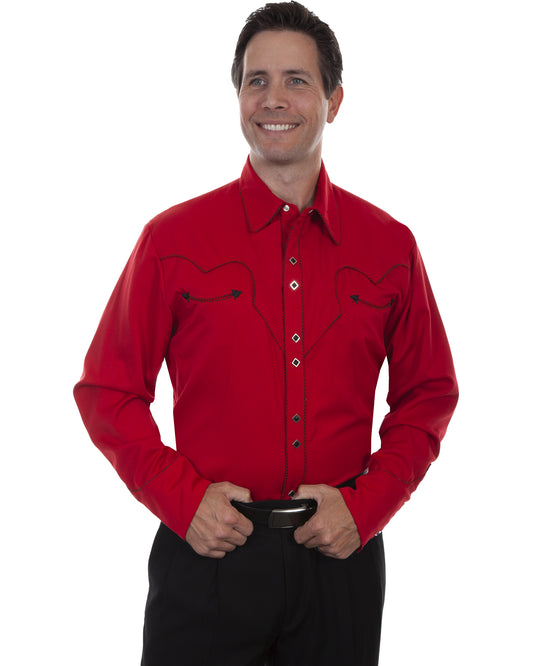 Men's Candy Cane Piping Western Shirt by Scully from Skip’s Western Outfitters | SCU-P-726-CRI-S-CRIMSON
