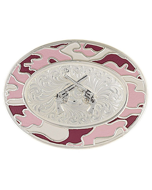 Women's Pink Camo Pistols Belt Buckle by Montana Silversmiths from Skip’s Western Outfitters | MON-6108PK-55-One-Size-Pink